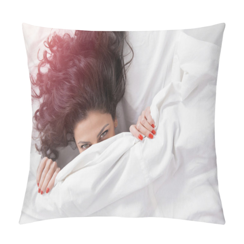 Personality  Brunette Long Hair Woman In A Bed Under The Duvet  Pillow Covers