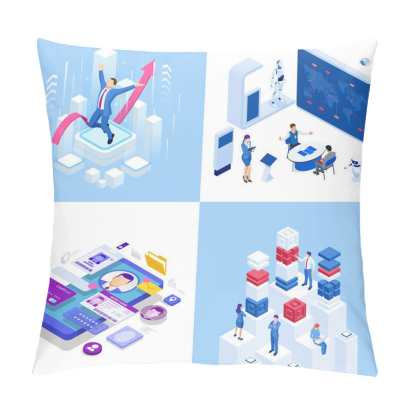 Personality  Isometric Business Concepts. Businessmen And Business Woman In Different Situations. Online Cooperation, Agreement, Success, Sgoal Achievement, Financing Of Projects, Online Consultation, Partnership. Pillow Covers