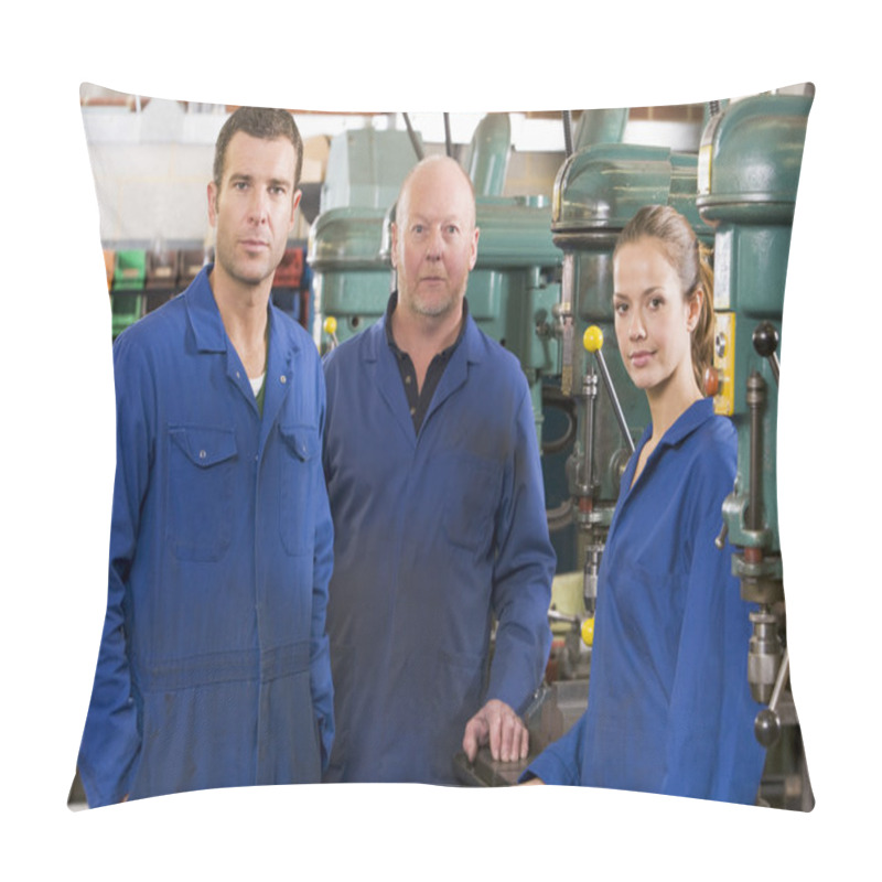 Personality  Three Machinists In Workspace By Machine Talking Pillow Covers