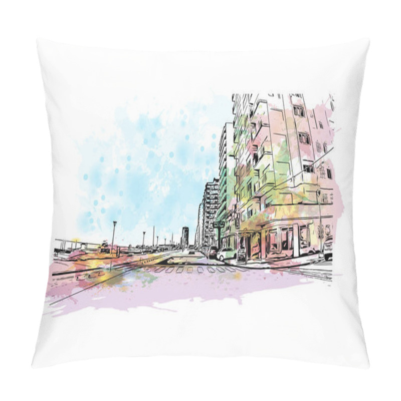 Personality  Print Building View With Landmark Of Miramar Is The City In Florida. Watercolor Splash With Hand Drawn Sketch Illustration In Vector. Pillow Covers