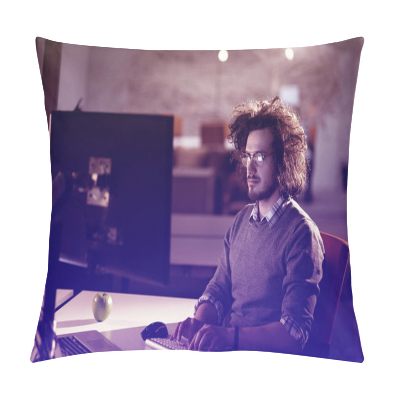 Personality  Man Working On Computer In Dark Office Pillow Covers