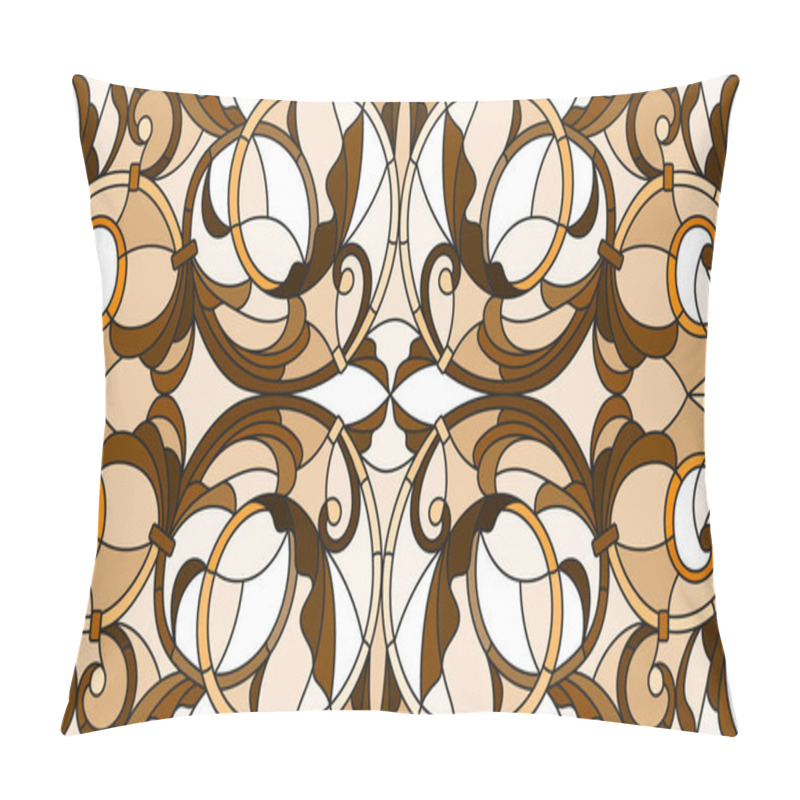 Personality  Illustration In Stained Glass Style With Abstract  Swirls ,flowers And Leaves  On A Light Background,horizontal Orientation, Sepia Pillow Covers