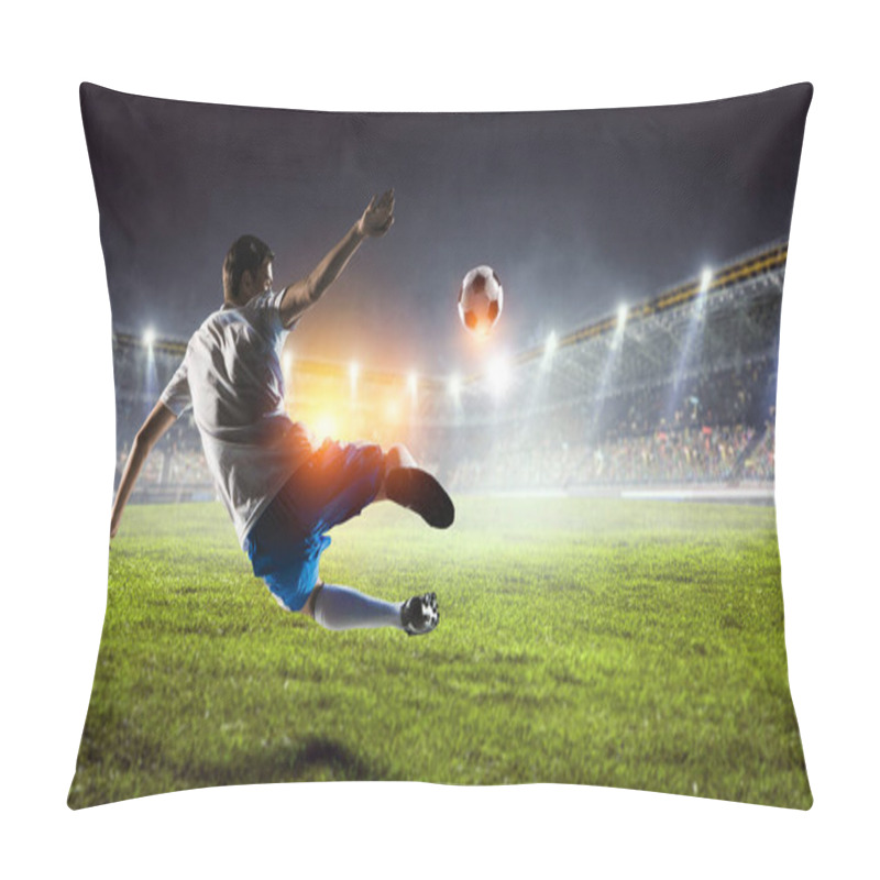 Personality  Soccer Player On Stadium In Action. Mixed Media Pillow Covers