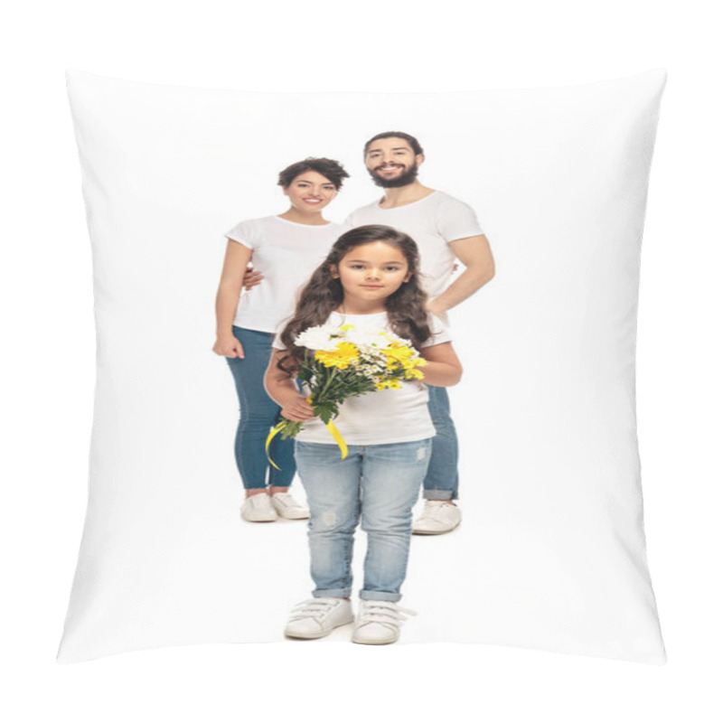 Personality  Selective Focus Of Cute Kid Holding Flowers Near Latin Parents Isolated On White  Pillow Covers