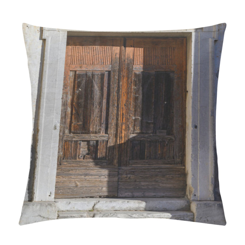 Personality  Weathered Wooden Door Set In A Stone Building With Steps.  Aged Wood And Stone Textures. Pillow Covers