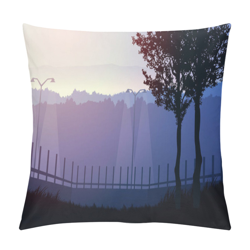 Personality  Natural Forest Mountains Horizon Hills Silhouettes Of Trees. Evening Sunrise And Sunset. Landscape Wallpaper. Illustration Vector Style. Colorful View Background. Pillow Covers