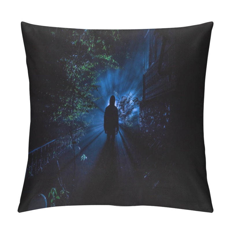 Personality  Silhouette Of Person Standing In The Dark Forest With Light. Horror Halloween Concept. Strange Silhouette In A Dark Spooky Forest At Night Pillow Covers