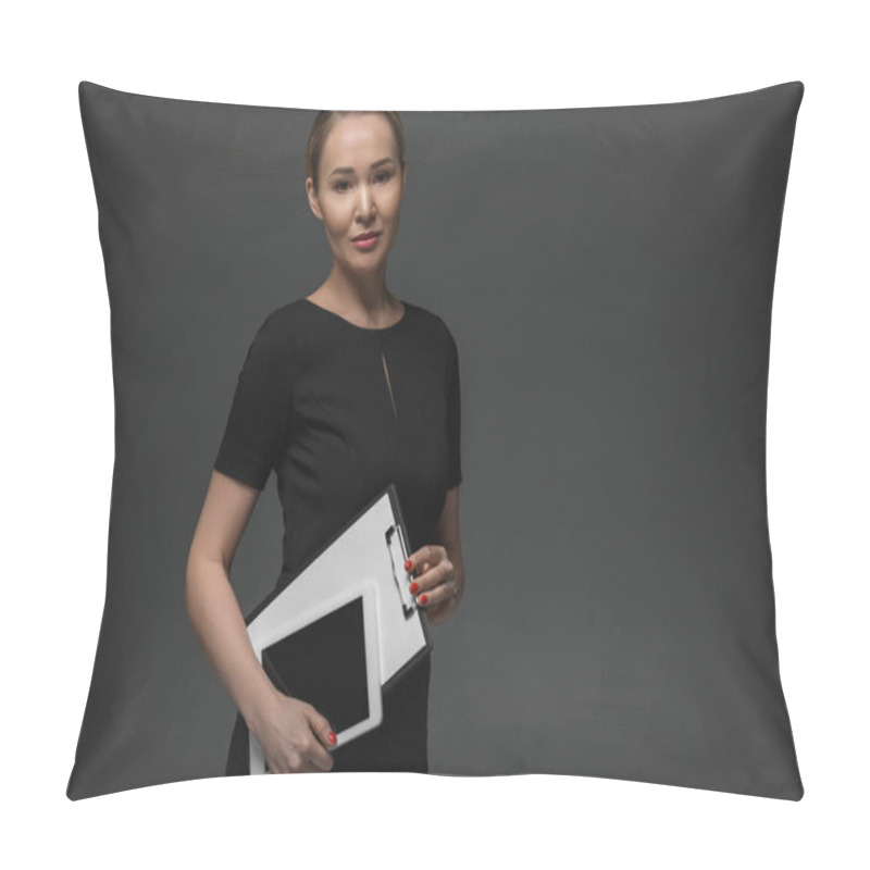 Personality  Beautiful Kazakh Businesswoman With Digital Tablet And Clipboard Smiling At Camera Isolated On Grey  Pillow Covers