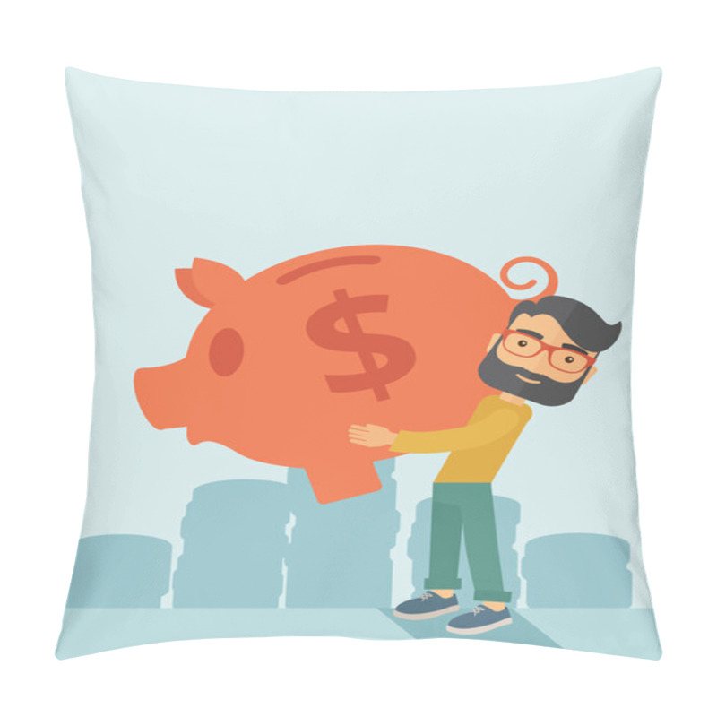 Personality  Man With His Big Piggy Bank Pillow Covers