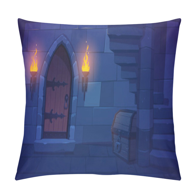 Personality  Underground Dungeon With Wooden Door, Torch Fire And Treasure Chest. Vector Cartoon Illustration Of Medieval Palace Hallway, Basement With Stone Stairs, Prison Cell Entrance. Adventure Game Background Pillow Covers