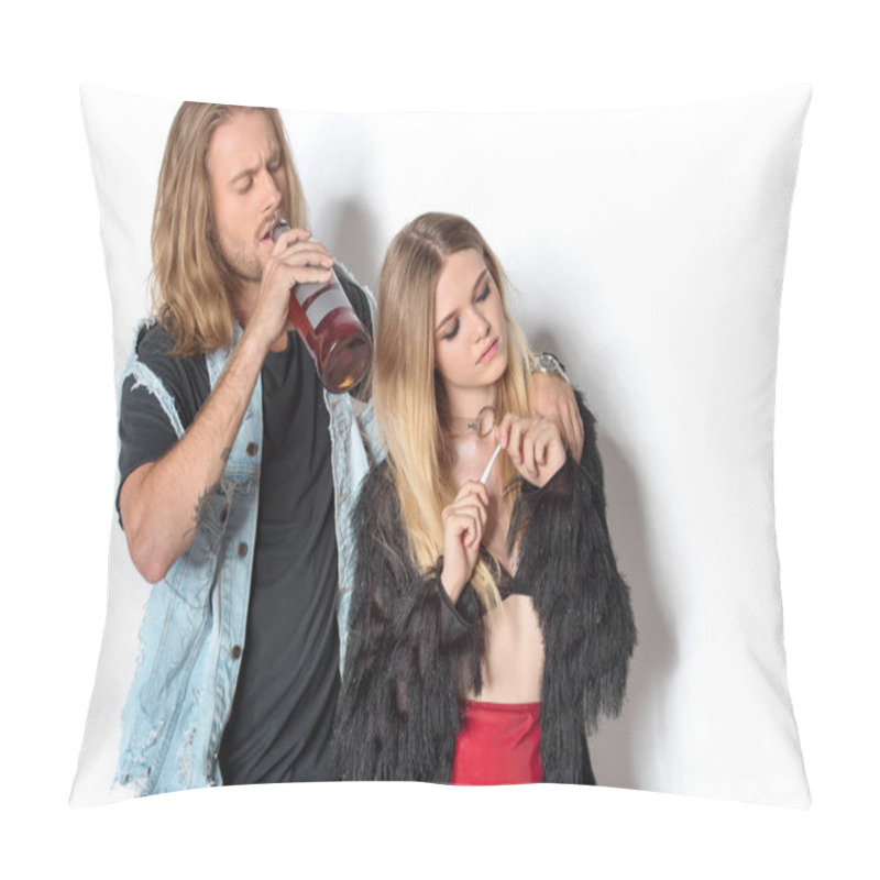 Personality  Young Stylish Couple With Bad Habits On White Pillow Covers