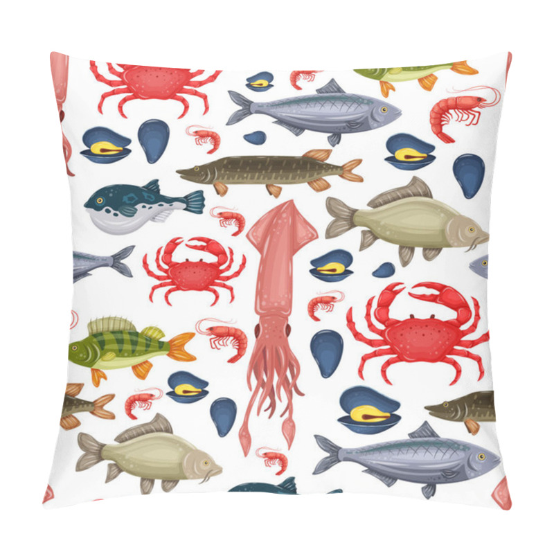 Personality  Seamless Pattern Seafood Set With Crab, Fish, Mussel And Shrimp Isolated On White Background. Design For Restaurant Menu, Market. Marine Creatures In Flat Style - Vector Illustration Pillow Covers