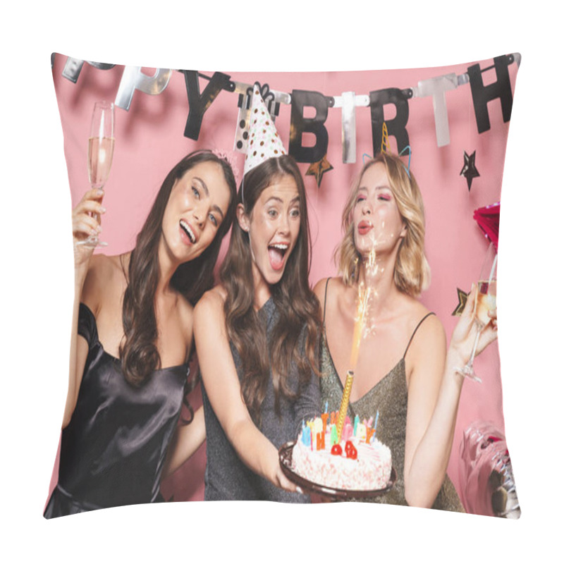 Personality  Image Of Cute Party Girls Holding Birthday Cake And Champagne Gl Pillow Covers