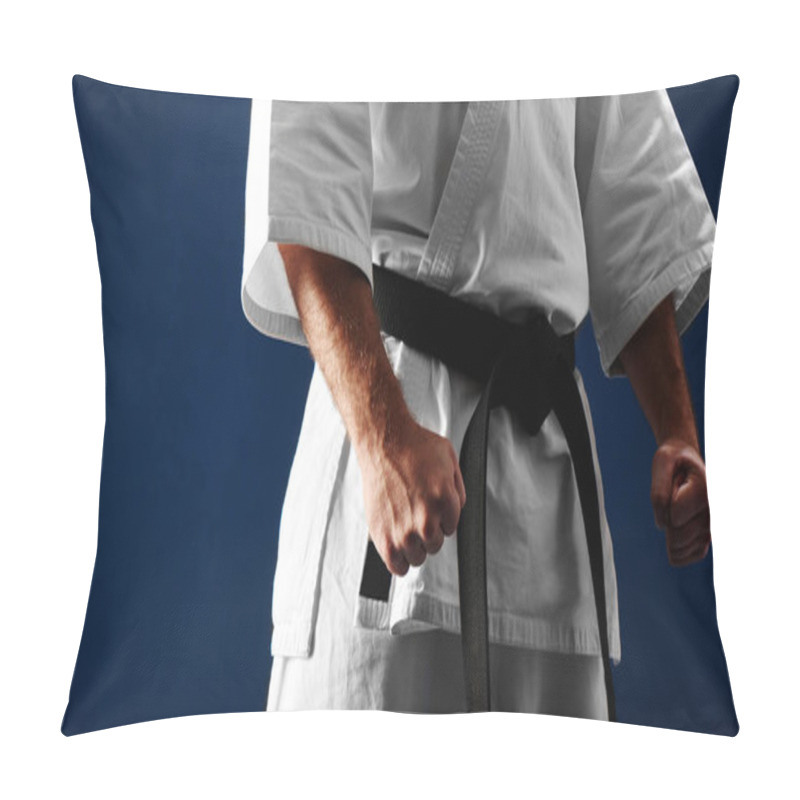 Personality  Hands Clenched In Fists Of Man In Kimono On Blue Background Pillow Covers