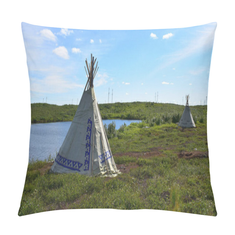 Personality  Beautiful Mobile Homes Of Indigenous Peoples Of The North-plagues In The Summer Tundra, Standing Near The Lake Pillow Covers