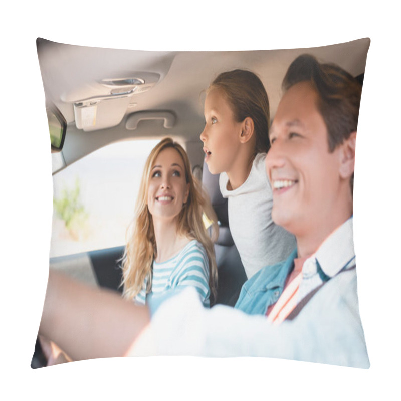 Personality  Selective Focus Of Excited Girl Looking Away While Traveling With Parents In Car  Pillow Covers