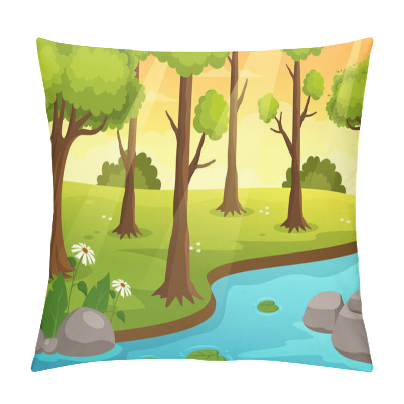 Personality  River Landscape Illustration With View Mountains, Green Fields, Trees And Forest Surrounding The Rivers In Flat Cartoon Hand Drawn Templates Pillow Covers