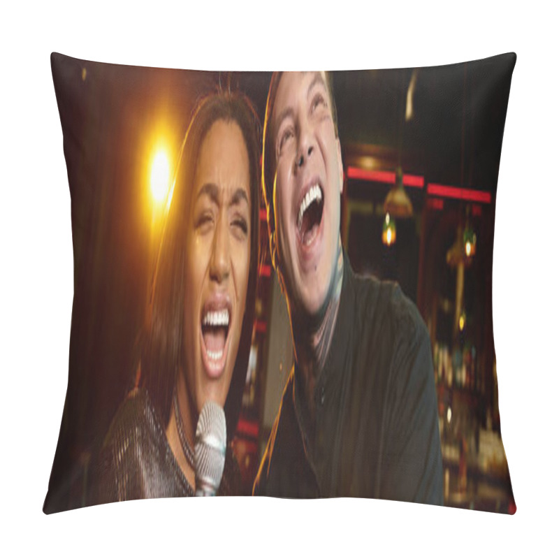 Personality  A Young Couple Shares Joyful Moments While Singing Together At A Lively Bar During Night Out. Pillow Covers