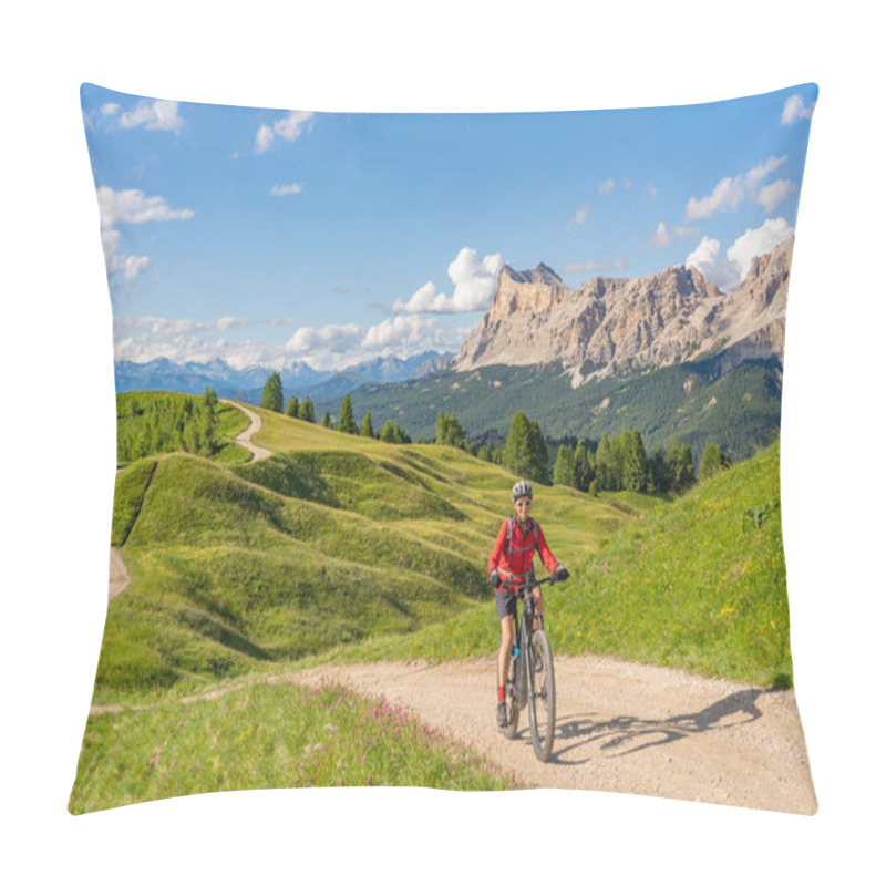 Personality  Pretty Active Senior Woman Riding Her Electric Mountain Bike On The Pralongia Plateau In The Alta Badia Dolomites With Awesome Sasso Die Santa Cruce Summit In Backg, South Tirol And Trentino, Italy Pillow Covers