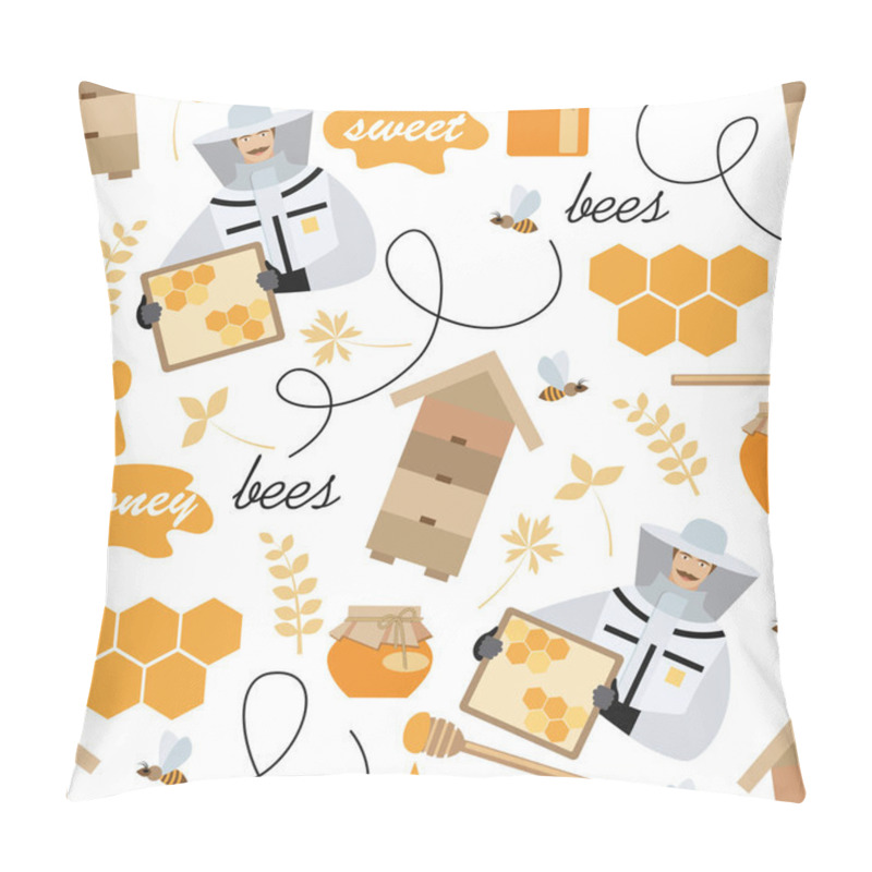 Personality  Seamless Pattern With Beekeeper, Beehives, Inscriptions, Bees And Jars Of Honey. A Drawing In The Style Of The Cartoon. It Can Be Used To Create A Background In The Design Of Beekeeping Products. Stock Vector Illustration. EPS 10 Pillow Covers