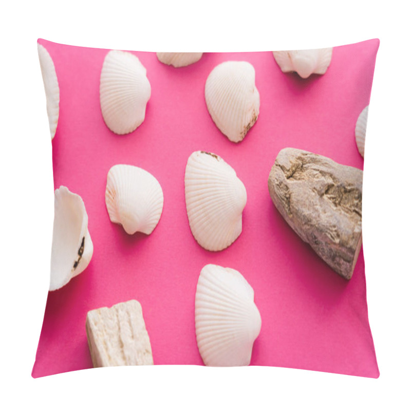 Personality  Top View Of White Seashells And Stones On Pink Background  Pillow Covers