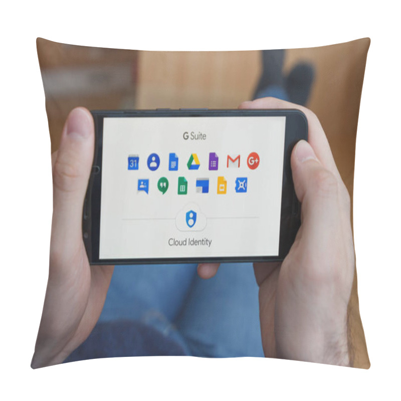 Personality  LOS ANGELES, CALIFORNIA - JUNE 3, 2019: Close Up To Male Hands Holding Smartphone Using G Suite Application. An Illustrative Editorial Image Pillow Covers