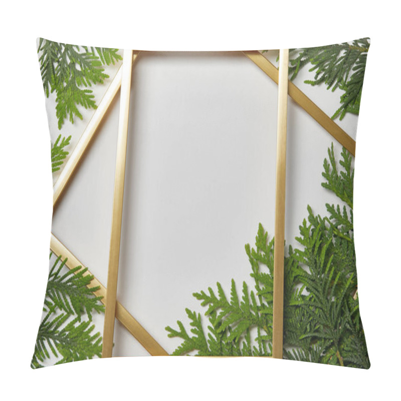 Personality  Top View Of Empty Golden Frames On White Background With Copy Space And Fern Green Leaves Pillow Covers