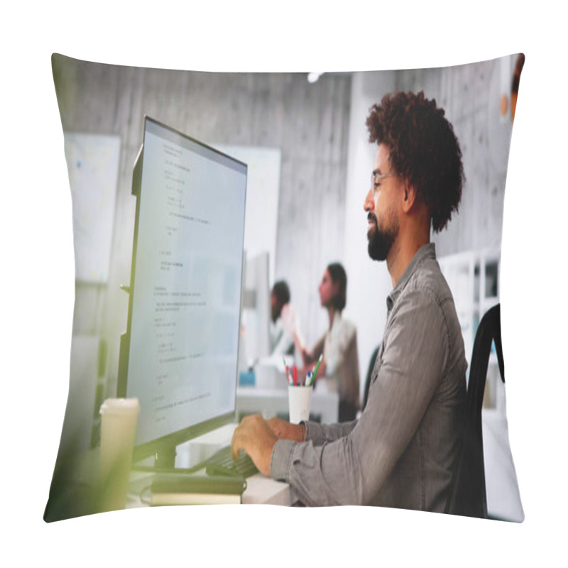 Personality  African American Coder Using Computer At Desk. Web Developer Pillow Covers