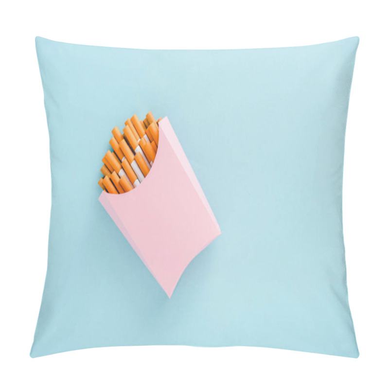 Personality  Top View Of Cigarettes Packed In Paper Box Isolated On Blue With Copy Space, French Fries Concept Pillow Covers