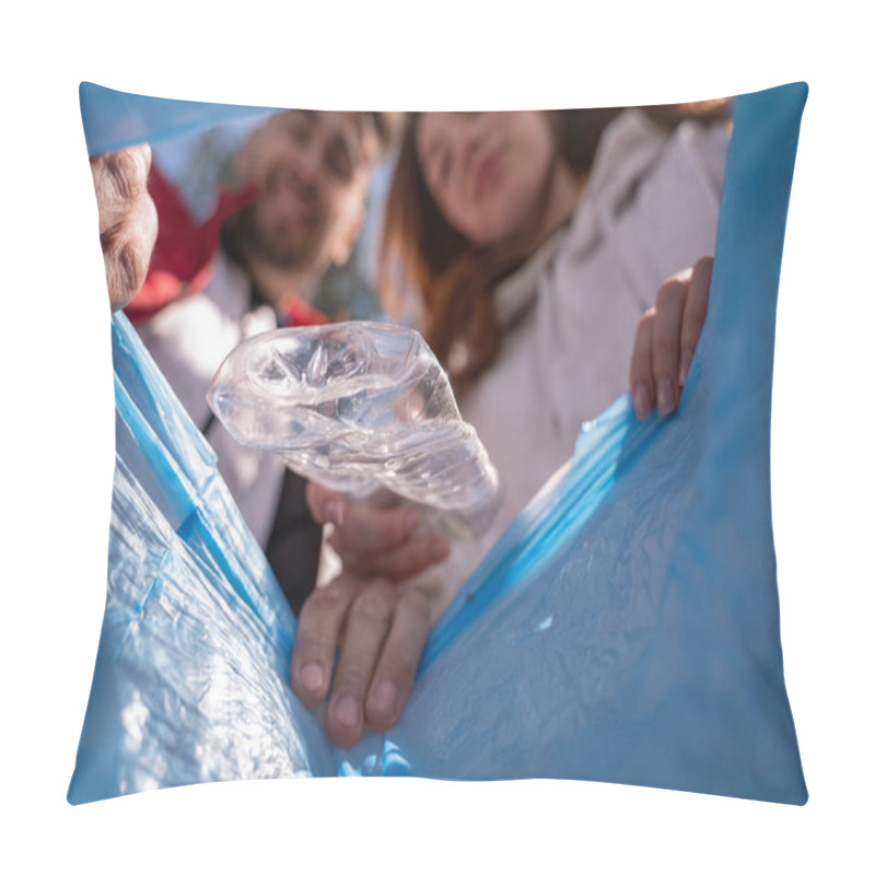 Personality  Plastic Cup Falling In Trash Bag Near Blurred Volunteers Pillow Covers