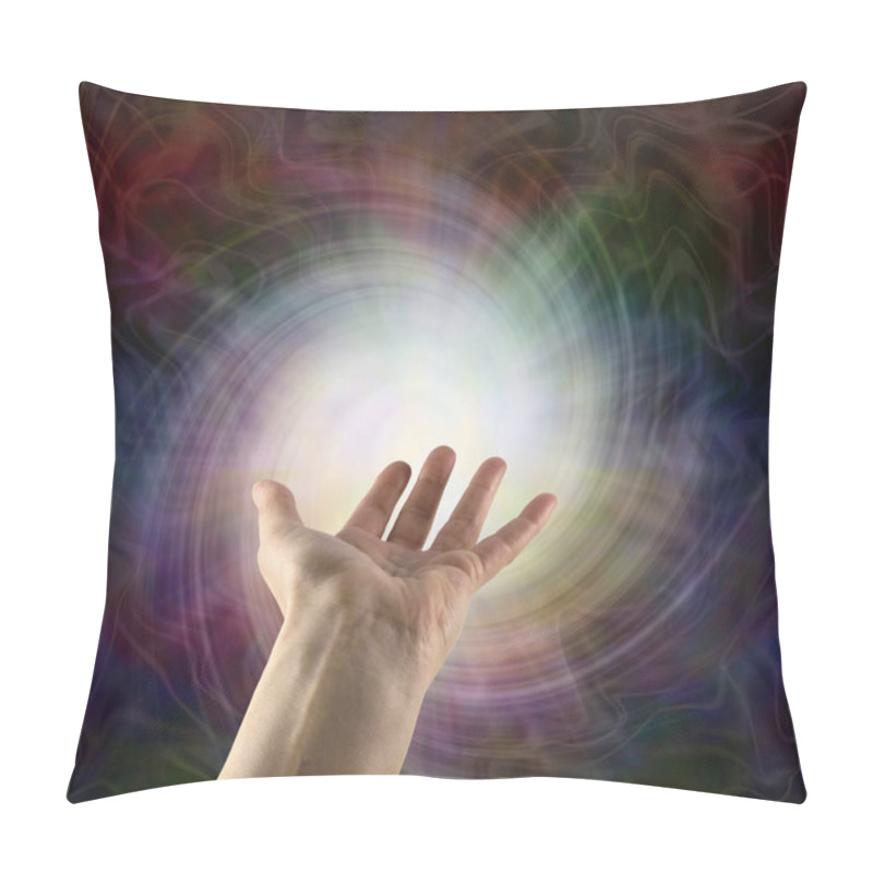 Personality  Using Vortex Distant Healing To Focus And Send Energy - Open Palm With A White Spiral Of Vortex Energy Surrounded By Dark Multiple Colours And Copy Space For Message Pillow Covers