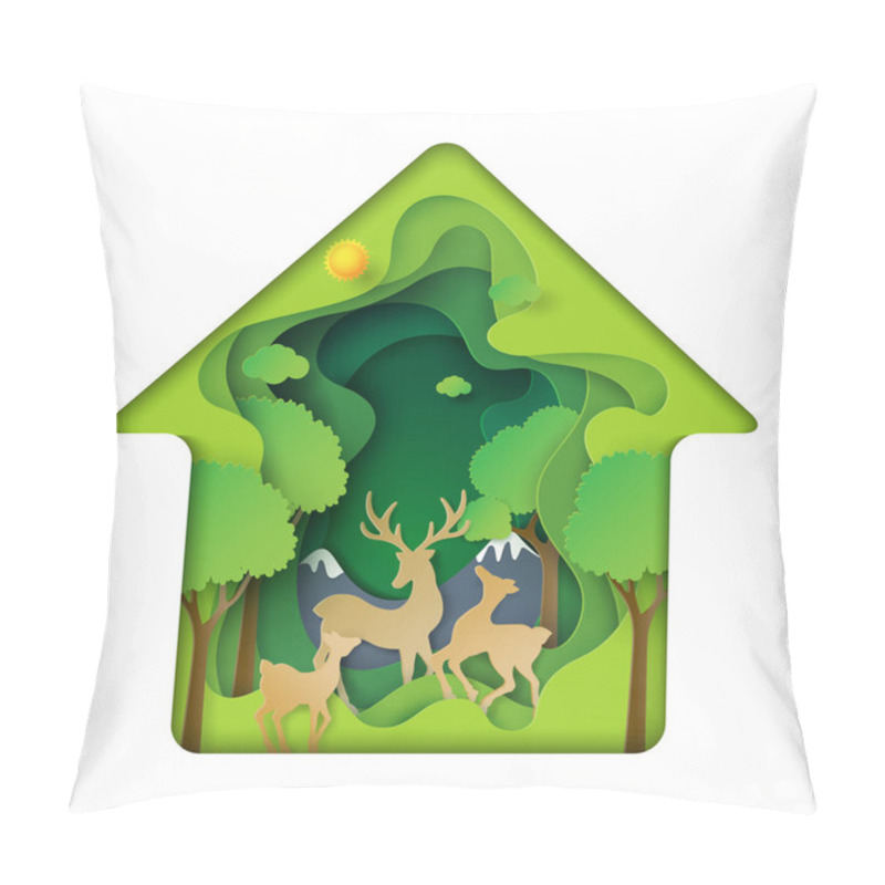 Personality  Green House Of Deers Family With Nature Concept Paper Art Background.Ecology And Wildlife Conservation With Nature Concept.Vector Illustration. Pillow Covers