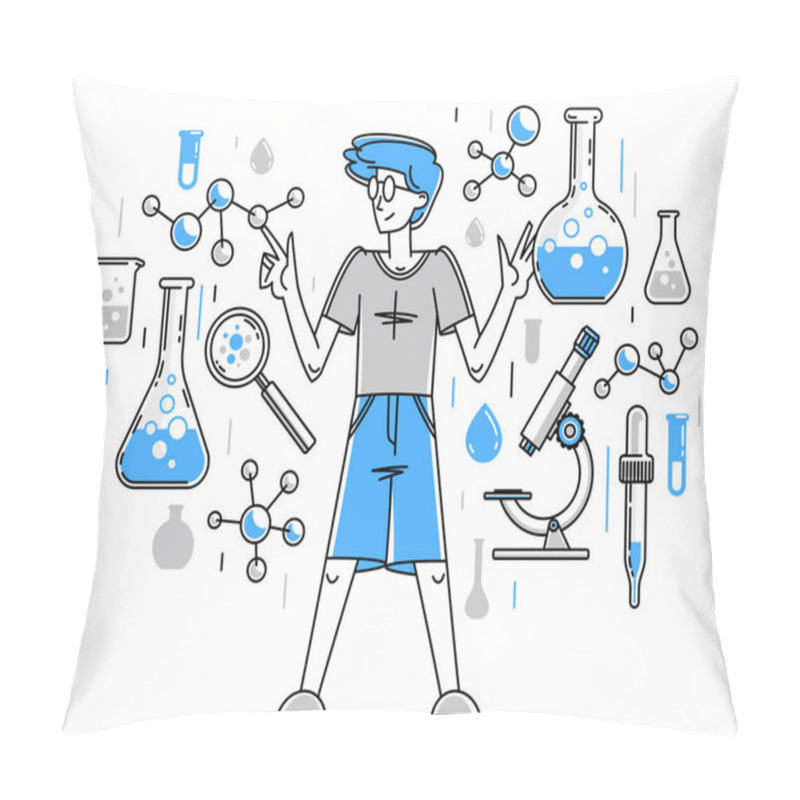 Personality  Chemical Experiment And Research, Scientist Working With Some Molecules In Chemistry Laboratory, Vector Outline Illustration For Science And Pharma Theme. Pillow Covers