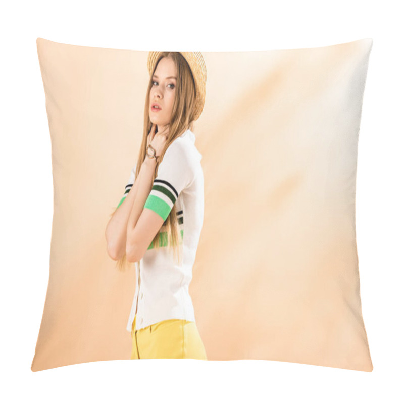 Personality  Attractive Stylish Young Woman Posing In Yellow Trousers, Polo And Straw Hat On Beige Pillow Covers