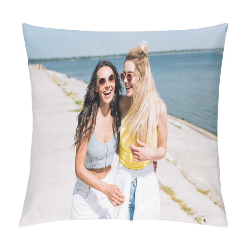 Personality  Happy Laughing Girls Walking Near River In Summer Pillow Covers