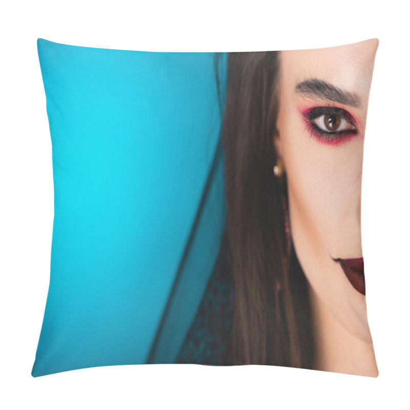 Personality  Cropped View Of Woman With Black Makeup And Veil Looking At Camera On Blue Pillow Covers