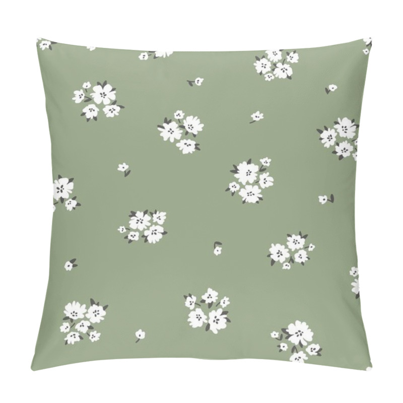 Personality  Calico Millefleurs Seamless Pattern. Small White Summer Wildflowers In A Simple Hand Drawn Cartoon Style On A Green Background. Ideal For Textile, Fabric, Surface, Wallpaper, Scrapbooking, Wrapping. Pillow Covers