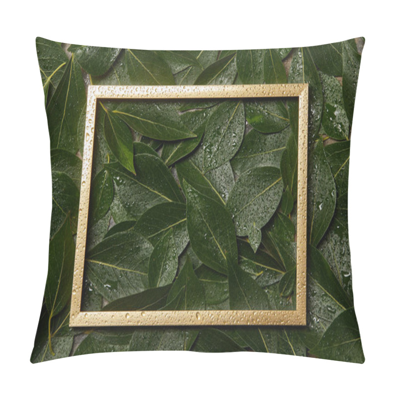 Personality  Empty Golden Frame On Green Wet Fresh Foliage Background With Copy Space Pillow Covers