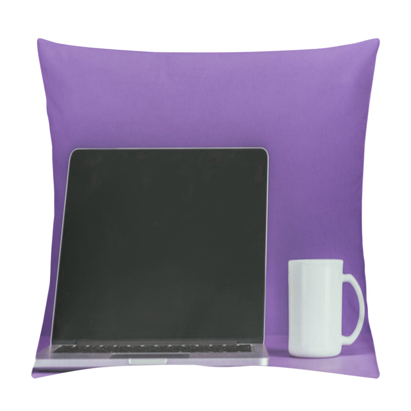 Personality  Business Workplace With Laptop And Coffee Mug On Purple Surface Pillow Covers