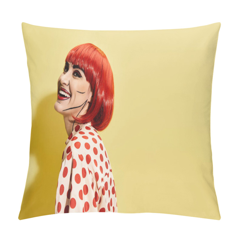 Personality  A Stunning Redhead With Creative Makeup In A Polka Dot Shirt On A Vibrant Yellow Backdrop, Resembling A Character From Comics. Pillow Covers