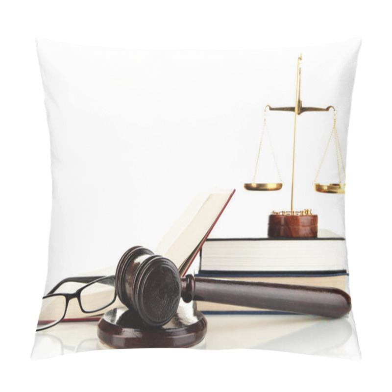 Personality  Golden Scales Of Justice, Gavel And Books Isolated On White Pillow Covers