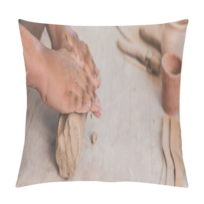 Personality  Partial View Of Female African American Hands Rolling Out Piece Of Clay On Wooden Table In Pottery, Banner Pillow Covers