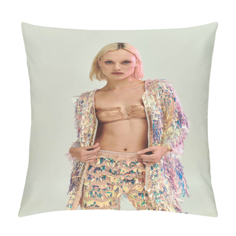 Personality  A Stylish Young Woman Showcases Holographic Fashion With Confidence. Pillow Covers