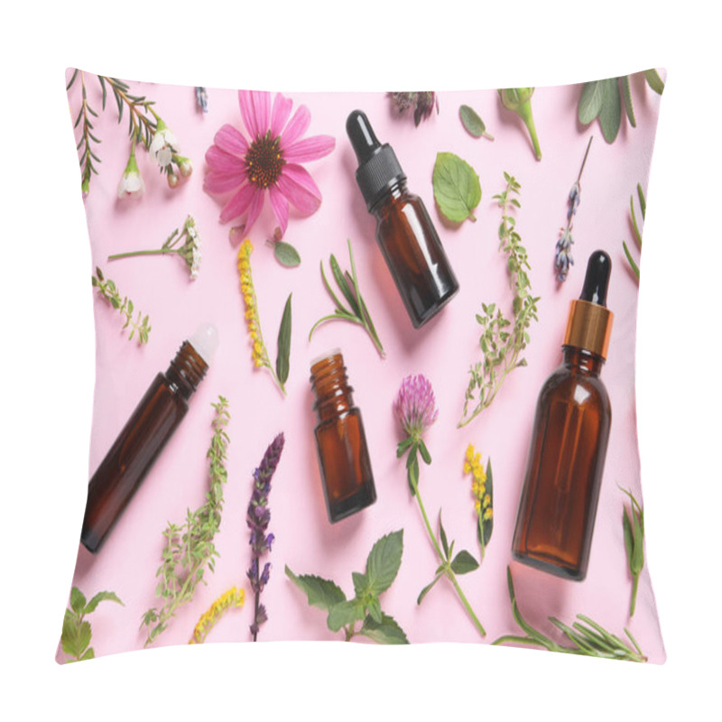 Personality  Bottles Of Essential Oils, Different Herbs And Flowers On Pink Background, Flat Lay Pillow Covers