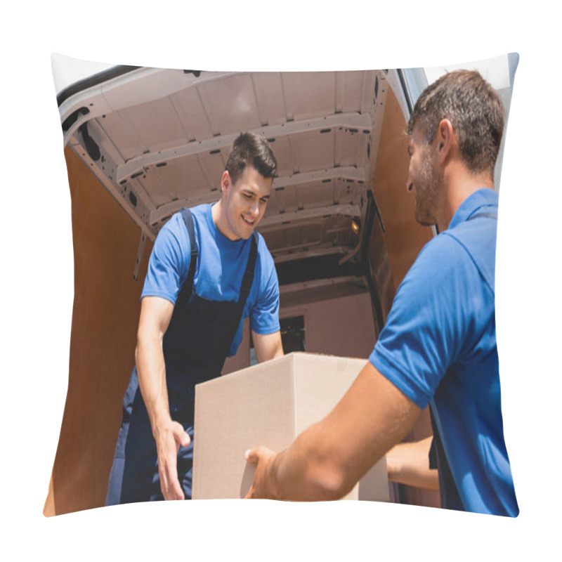 Personality  Movers With Cardboard Box Unloading Truck On Urban Street  Pillow Covers