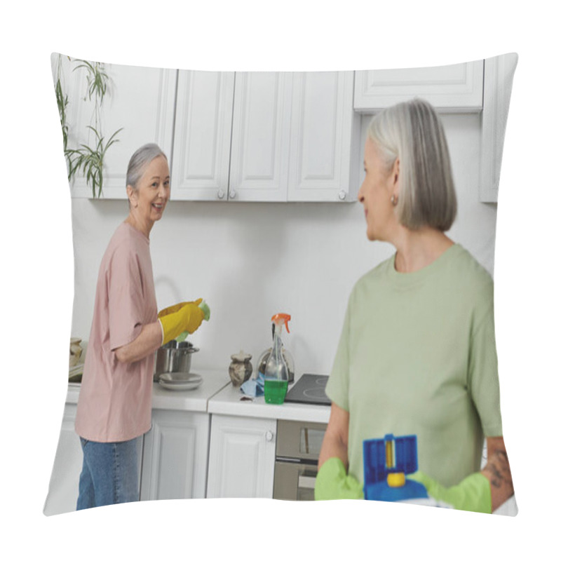 Personality  An Older Lesbian Couple Cleans Their Modern Kitchen Together, Sharing A Moment Of Intimacy And Domestic Bliss. Pillow Covers