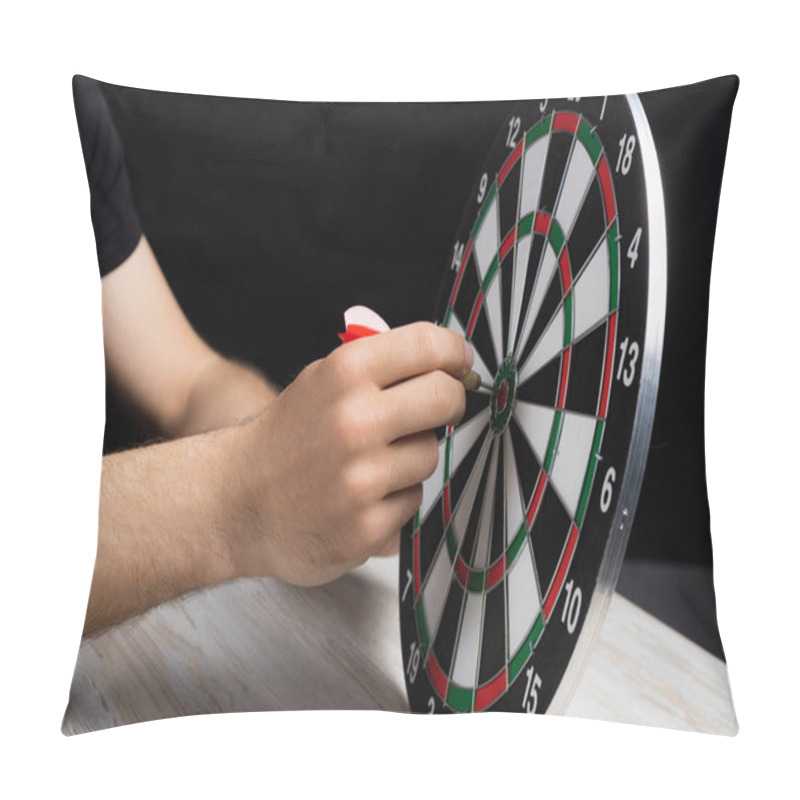 Personality  Male Hand And A Dart Board With A Dart In The Center On A Black Background In A Low Key. Goal Achievement Concept Pillow Covers