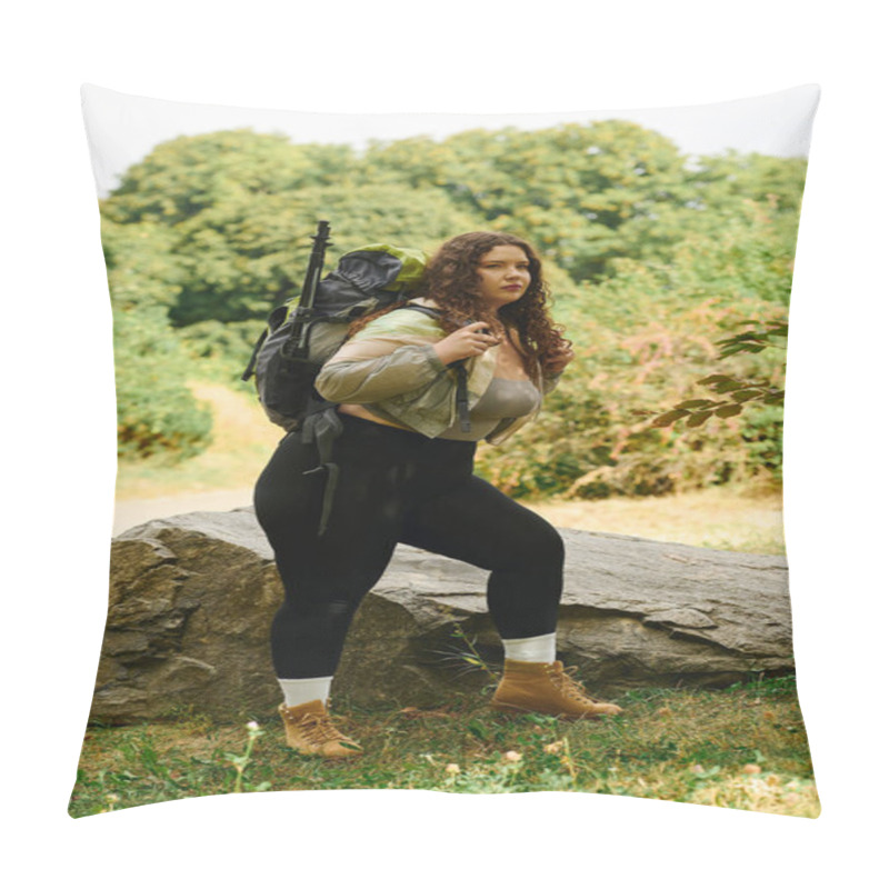 Personality  A Plus Size Woman Stands Among Vibrant Greenery, Fully Embracing Nature And Adventure. Pillow Covers