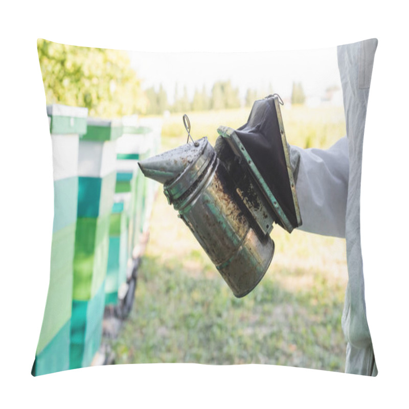 Personality  Partial View Of Apiarist With Bee Smoker Near Blurred Beehives On Apiary Pillow Covers