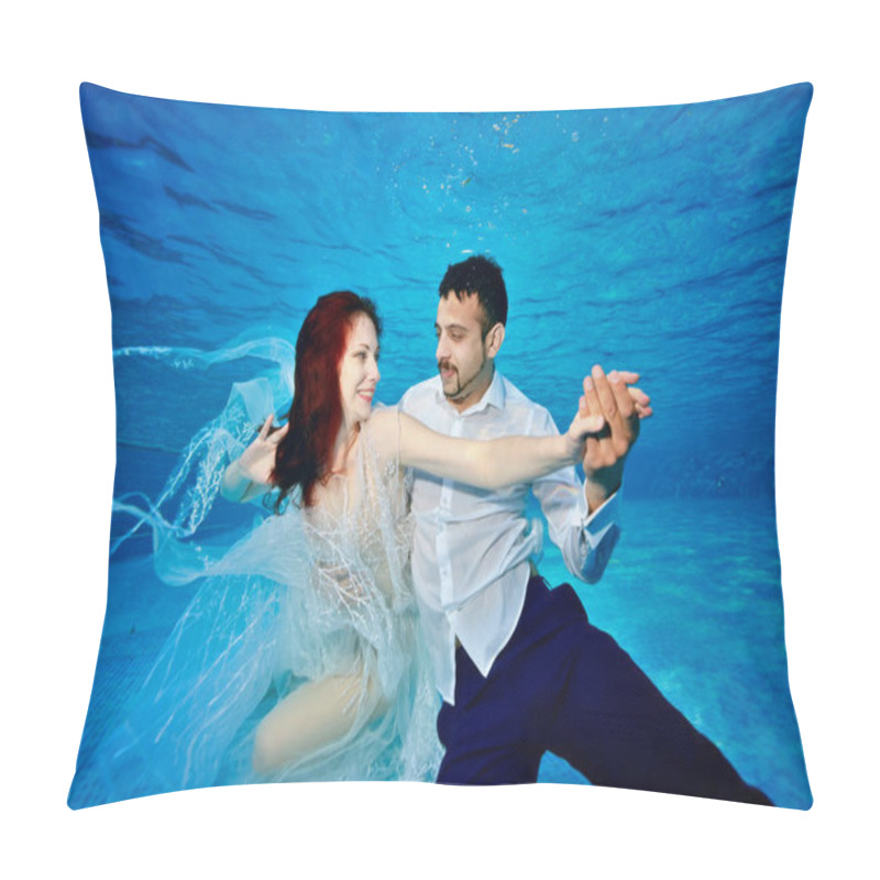 Personality  A Couple In Love, A Girl And A Mixed Race Guy Swim And Play Underwater In An Outdoor Pool In Wedding Dresses On A Sunny Day. Unusual Wedding. Pillow Covers